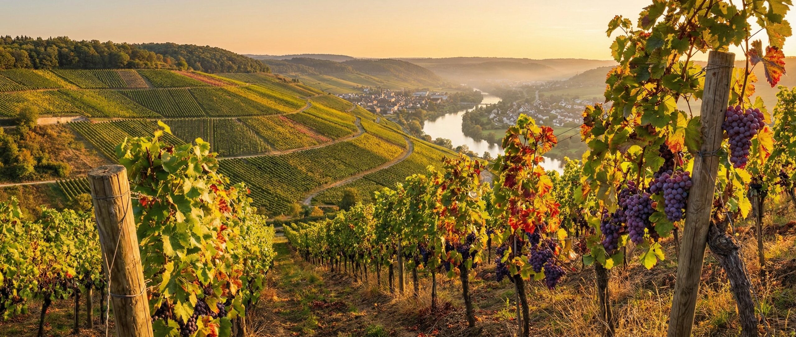 Terrassenförmige Weinberge mit reifen lila Trauben und goldenen Blättern erstrecken sich im Vordergrund und Mittelgrund. Im Hintergrund windet sich ein Fluss durch ein Tal, gesäumt von einer kleinen Stadt und bewaldeten Hügeln unter einem warmen Abendhimmel.